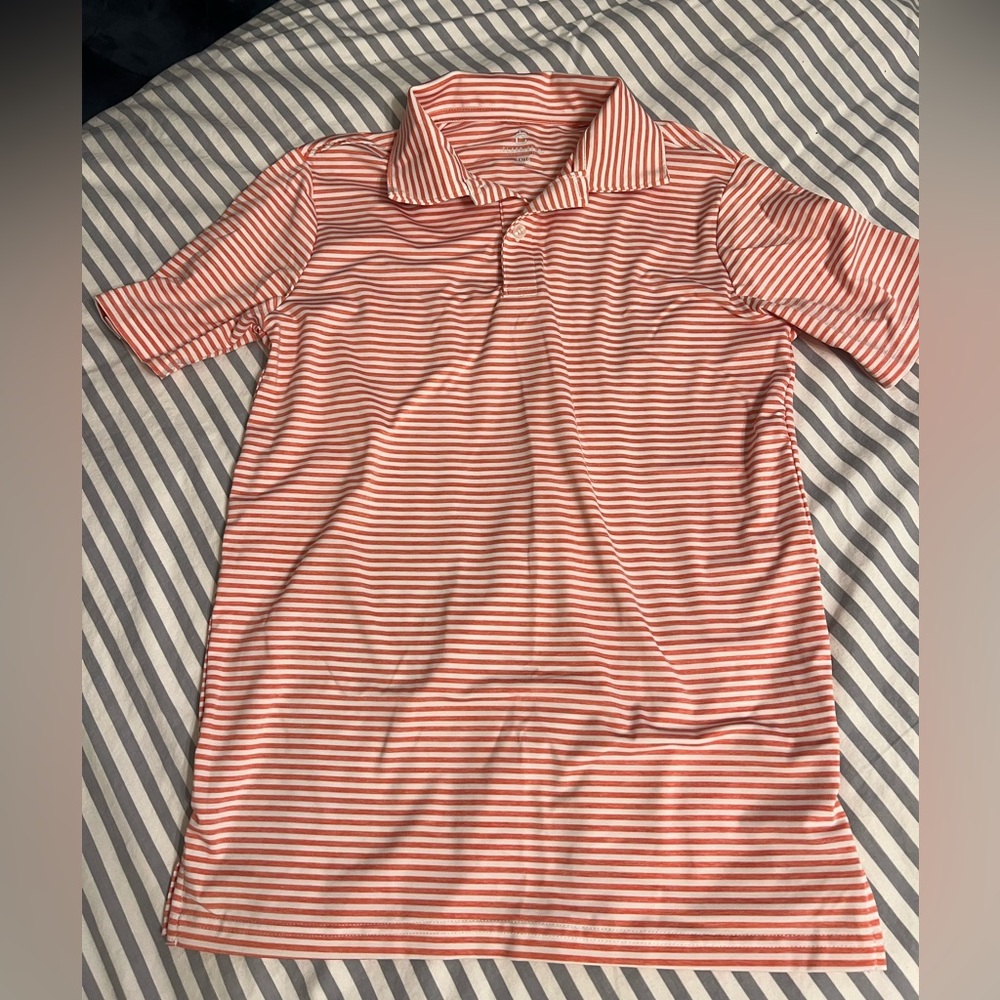 Boys dri-fit Striped Polo Shirt in coral and white